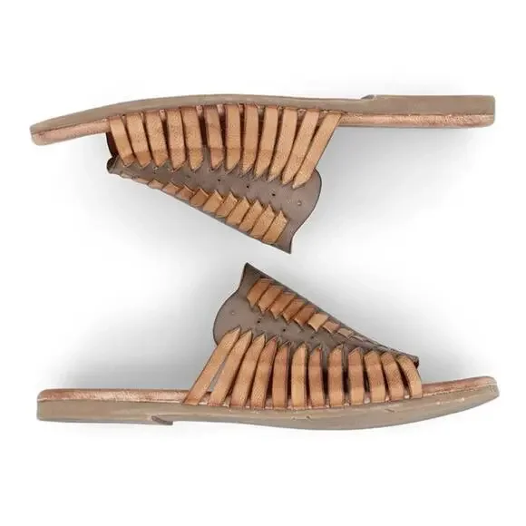 NIB Roan Bed Stu Chastity 7 37 Leather Huarache Slide Flat Sandals Almond Oats - Picture 2 of 11